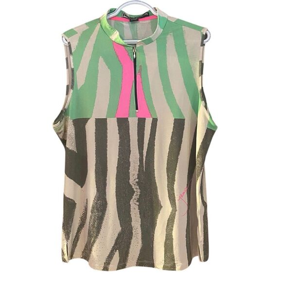 Jamie Sadock XL Sleeveless Golf Polo Top Women Zebra Print Green Pink Stretch Sp - Picture 2 of 6